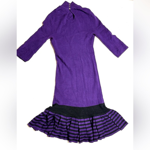 Karen Millen Dresses & Skirts - Karen Millen Purple and Black Ribbed Knit Dress Ruffle Hem Midi Size 1 Flawed